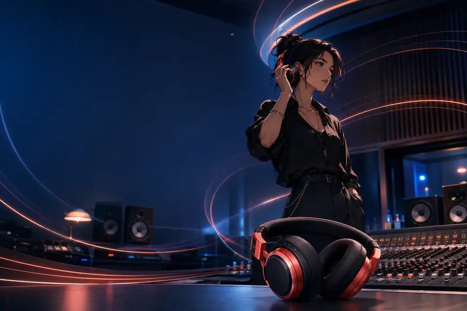 Commercial anime headphone campaign featuring a music producer, a clear product hero, and dynamic sound-inspired light trails