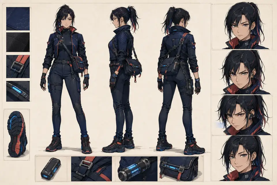 Professional anime character design sheet with a consistent three-view turnaround, expression studies, and costume material details