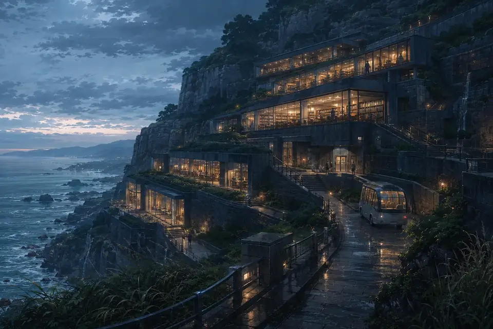 Anime environment concept art of a functional coastal library integrated into a rain-soaked cliff at blue hour