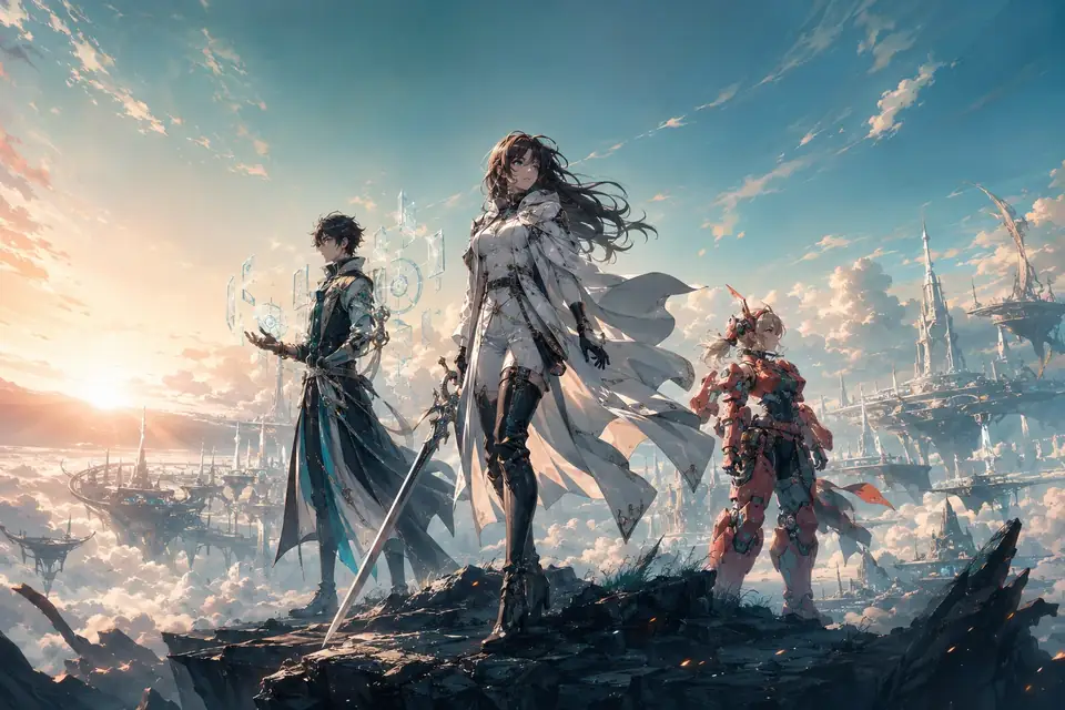 Polished anime RPG campaign key art with three original heroes overlooking a floating city at dawn