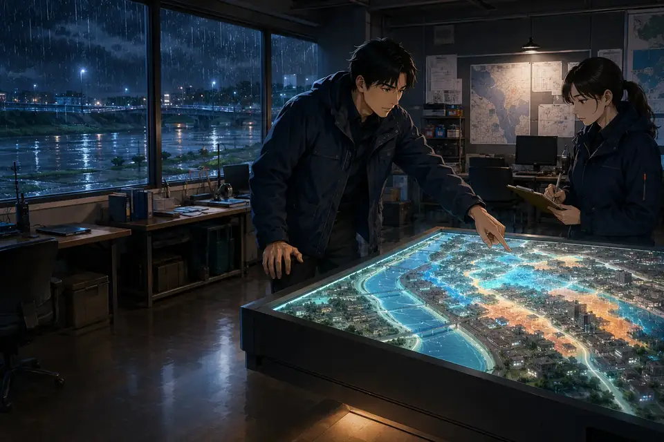 Grounded anime interactive story scene with two emergency planners working through a flood-response simulation