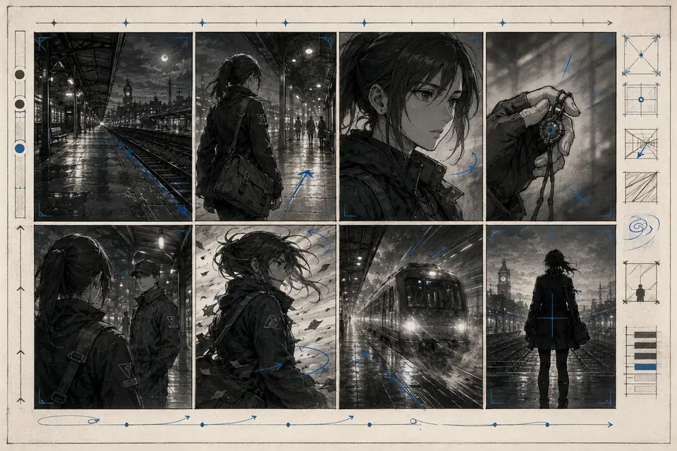 Eight-panel anime storyboard showing a coherent cinematic sequence at a rainy night train station