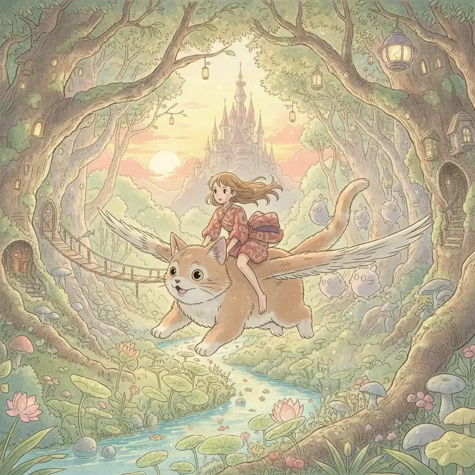 AI-generated Studio Ghibli style anime artwork featuring soft watercolor tones, hand-drawn animation aesthetics, and whimsical fantasy atmosphere
