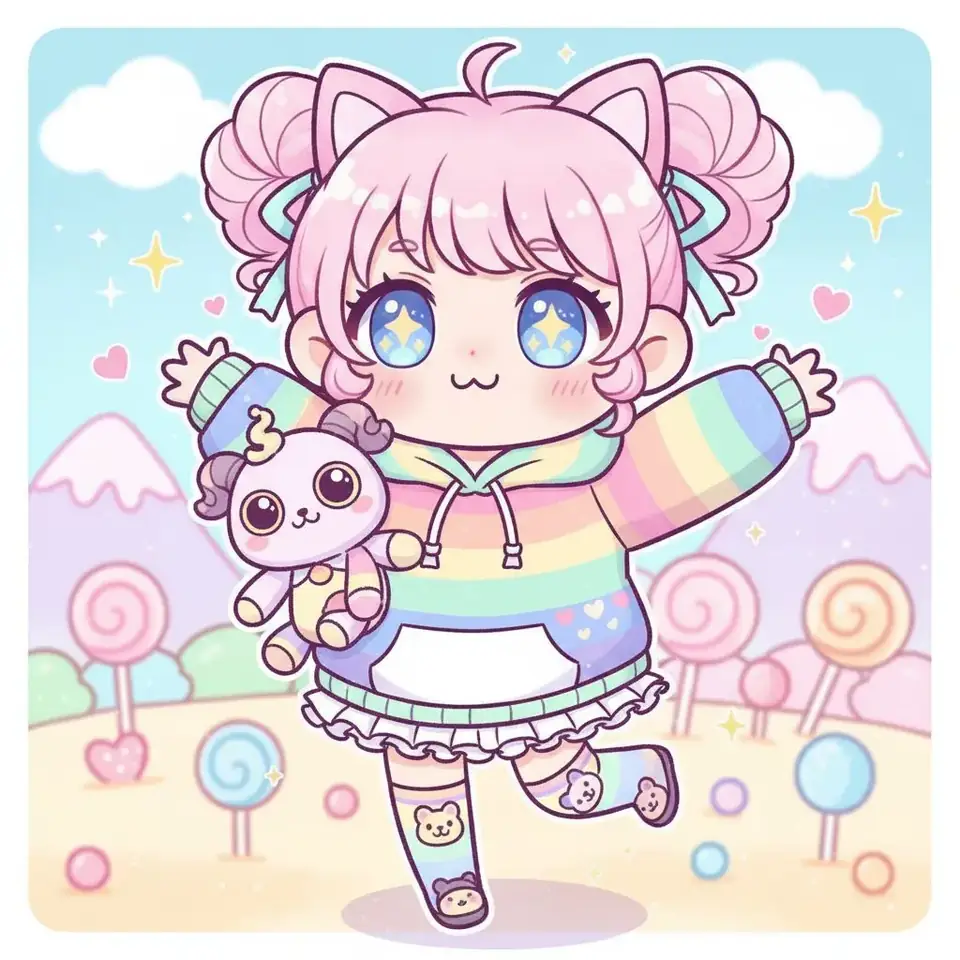 Adorable AI-generated chibi anime character with big sparkling eyes, cute kawaii proportions, and playful colorful design