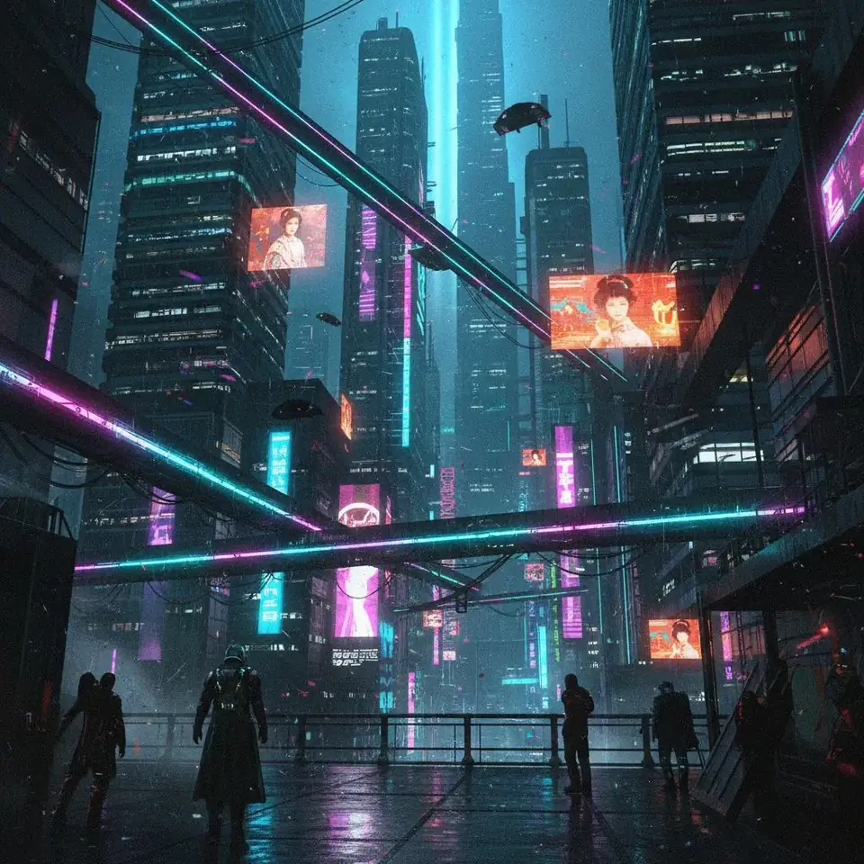 Stunning AI-generated cyberpunk anime scene with neon-lit futuristic cityscape, glowing tech noir aesthetics, and high-contrast dramatic lighting